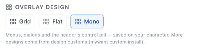 Settings → Overlay Design, with Mono chosen